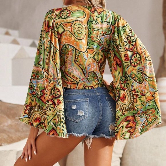 Boho Print Flounce Sleeve Blouse - Picture 3 of 5